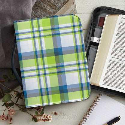 Lime And Blue Madras Plaid Print Leather Bible Cover