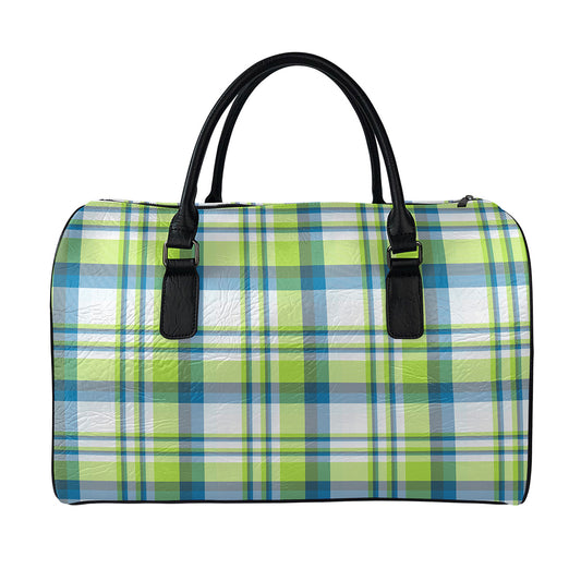 Lime And Blue Madras Plaid Print Leather Duffle Bag