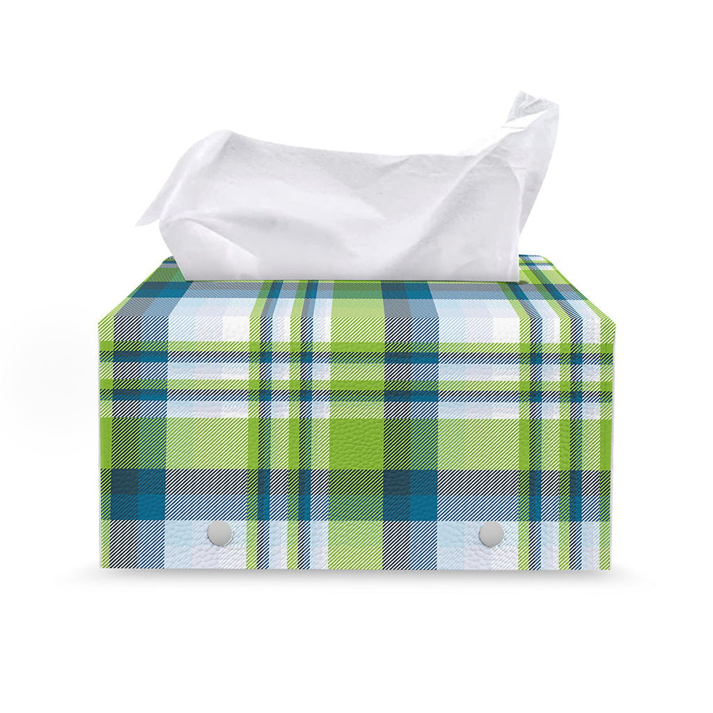 Lime And Blue Madras Plaid Print Leather Tissue Box Cover