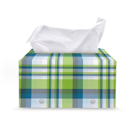 Lime And Blue Madras Plaid Print Leather Tissue Box Cover