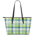 Lime And Blue Madras Plaid Print Leather Tote Bag With Zipper