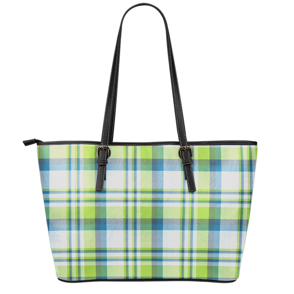 Lime And Blue Madras Plaid Print Leather Tote Bag