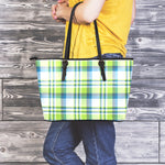 Lime And Blue Madras Plaid Print Leather Tote Bag