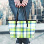 Lime And Blue Madras Plaid Print Leather Tote Bag