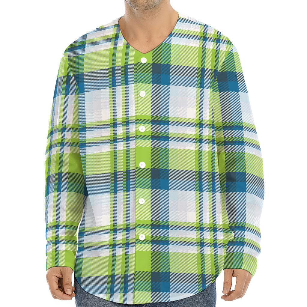 Lime And Blue Madras Plaid Print Long Sleeve Baseball Jersey