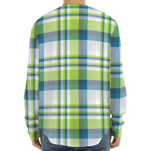 Lime And Blue Madras Plaid Print Long Sleeve Baseball Jersey