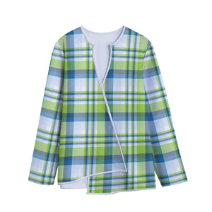 Lime And Blue Madras Plaid Print Long Sleeve Short Coat