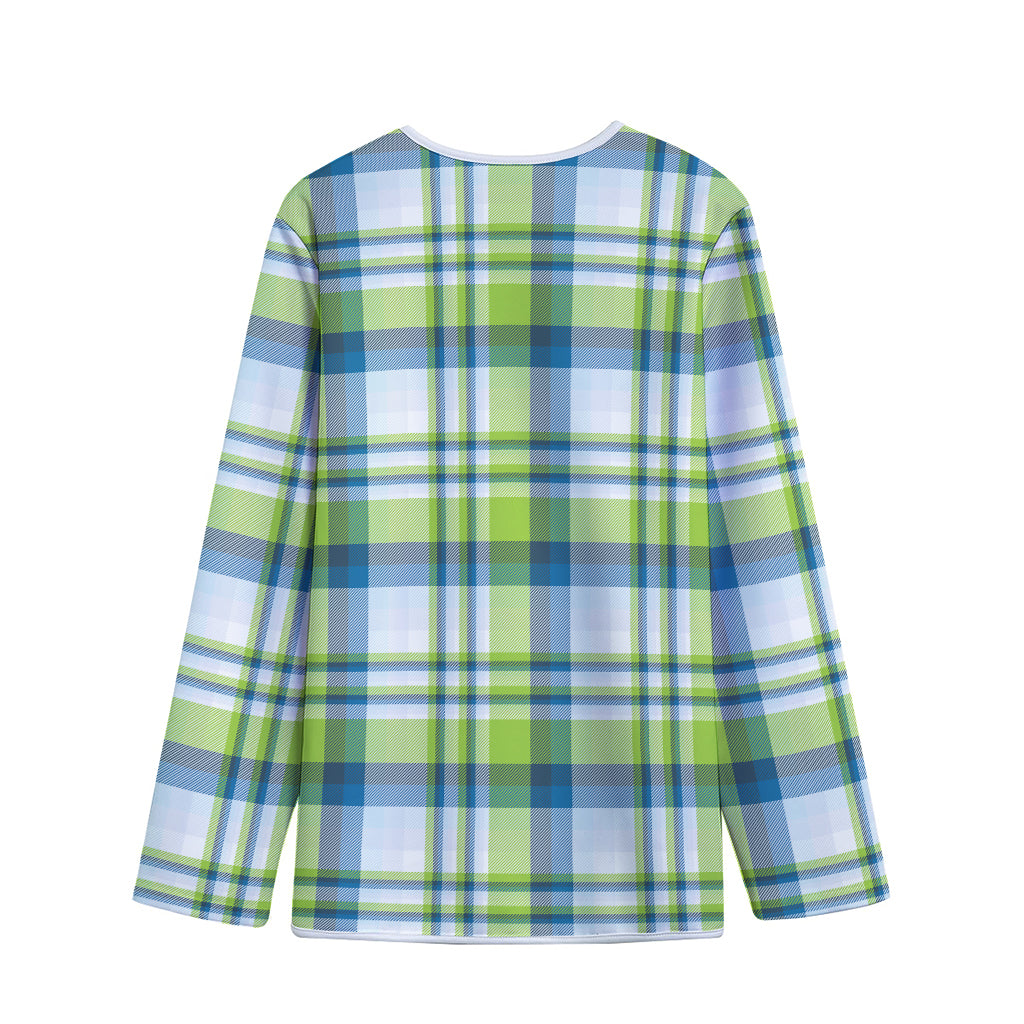 Lime And Blue Madras Plaid Print Long Sleeve Short Coat