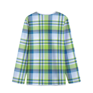 Lime And Blue Madras Plaid Print Long Sleeve Short Coat