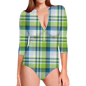 Lime And Blue Madras Plaid Print Long Sleeve Swimsuit