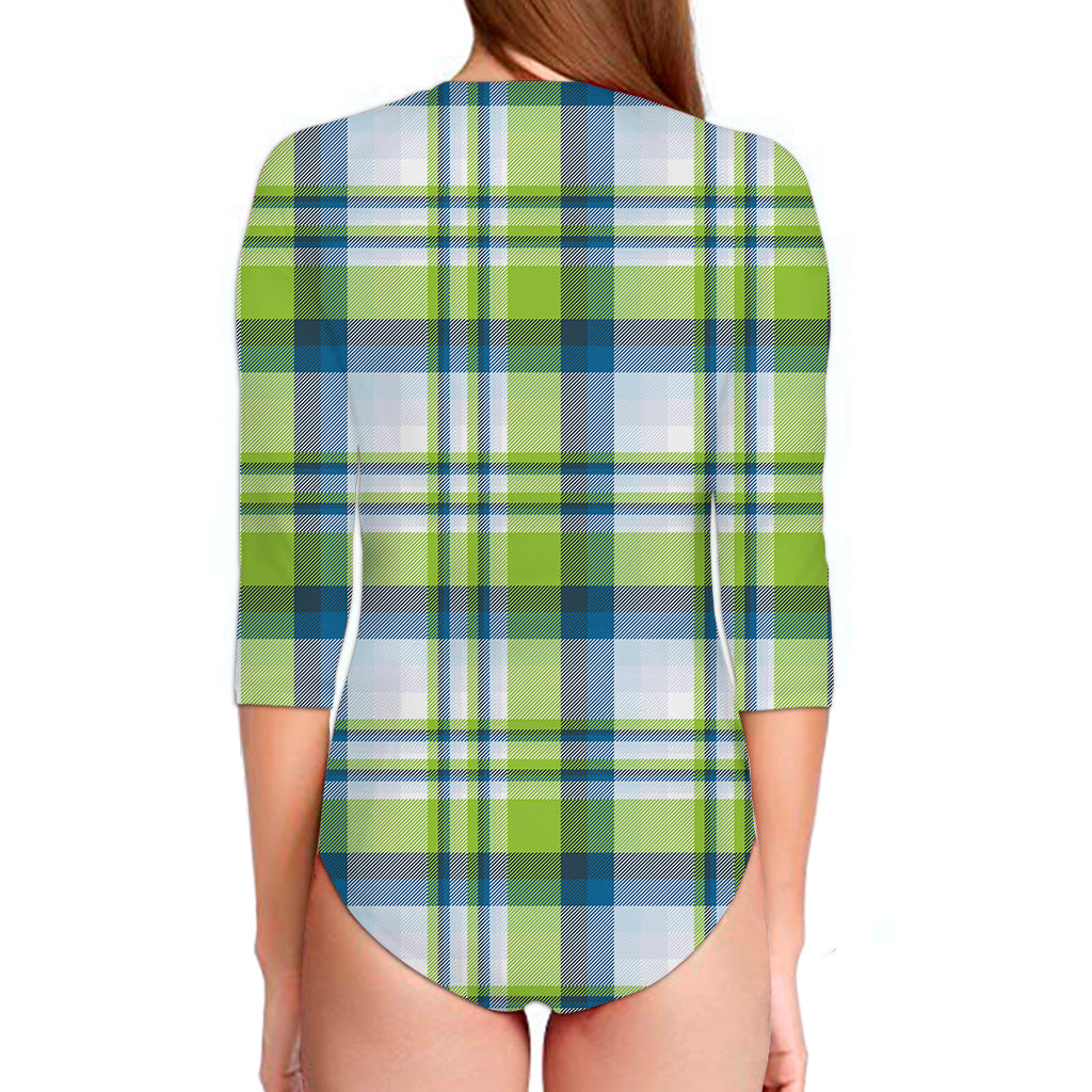 Lime And Blue Madras Plaid Print Long Sleeve Swimsuit