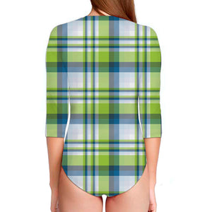 Lime And Blue Madras Plaid Print Long Sleeve Swimsuit