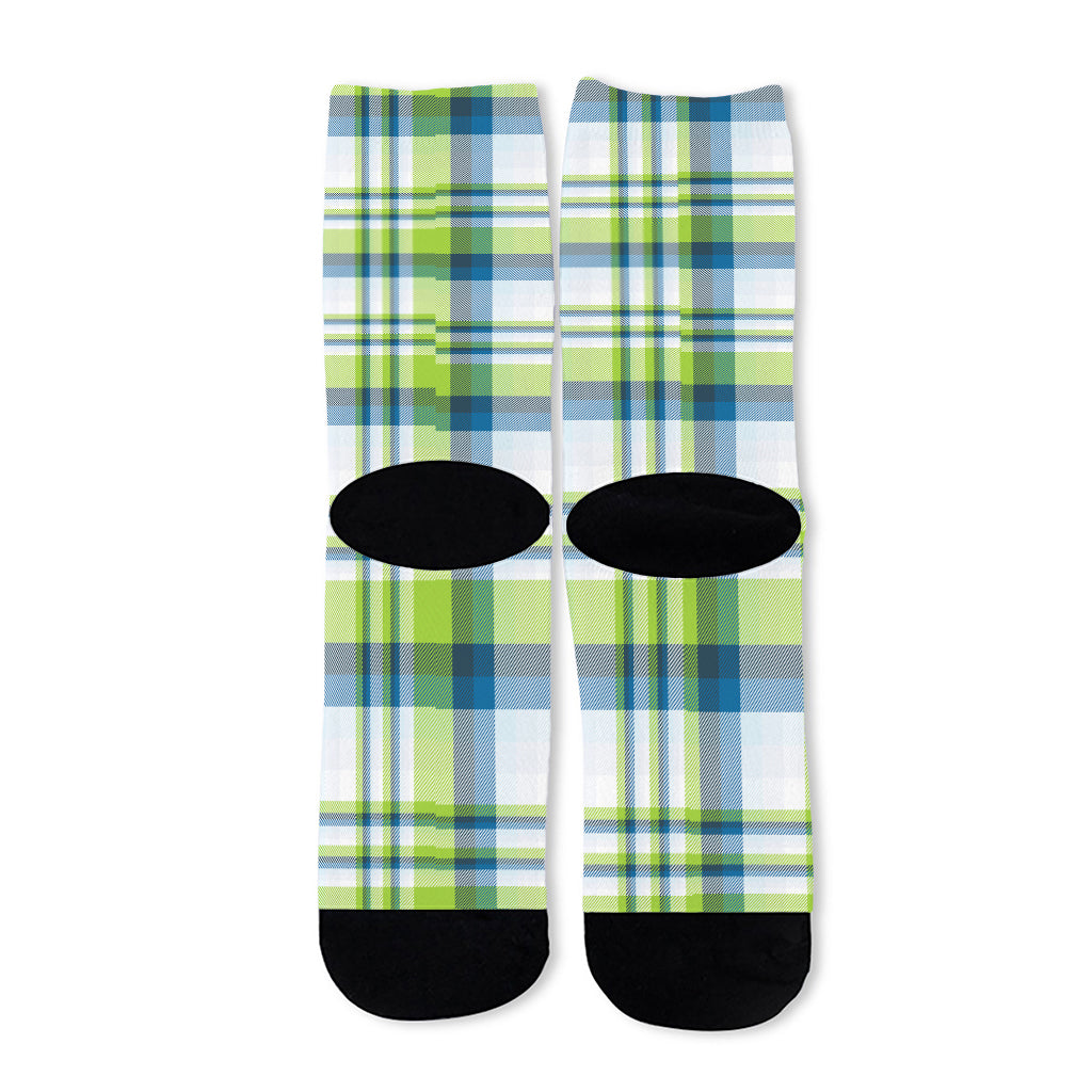 Lime And Blue Madras Plaid Print Long Socks