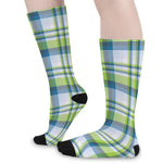 Lime And Blue Madras Plaid Print Long Socks