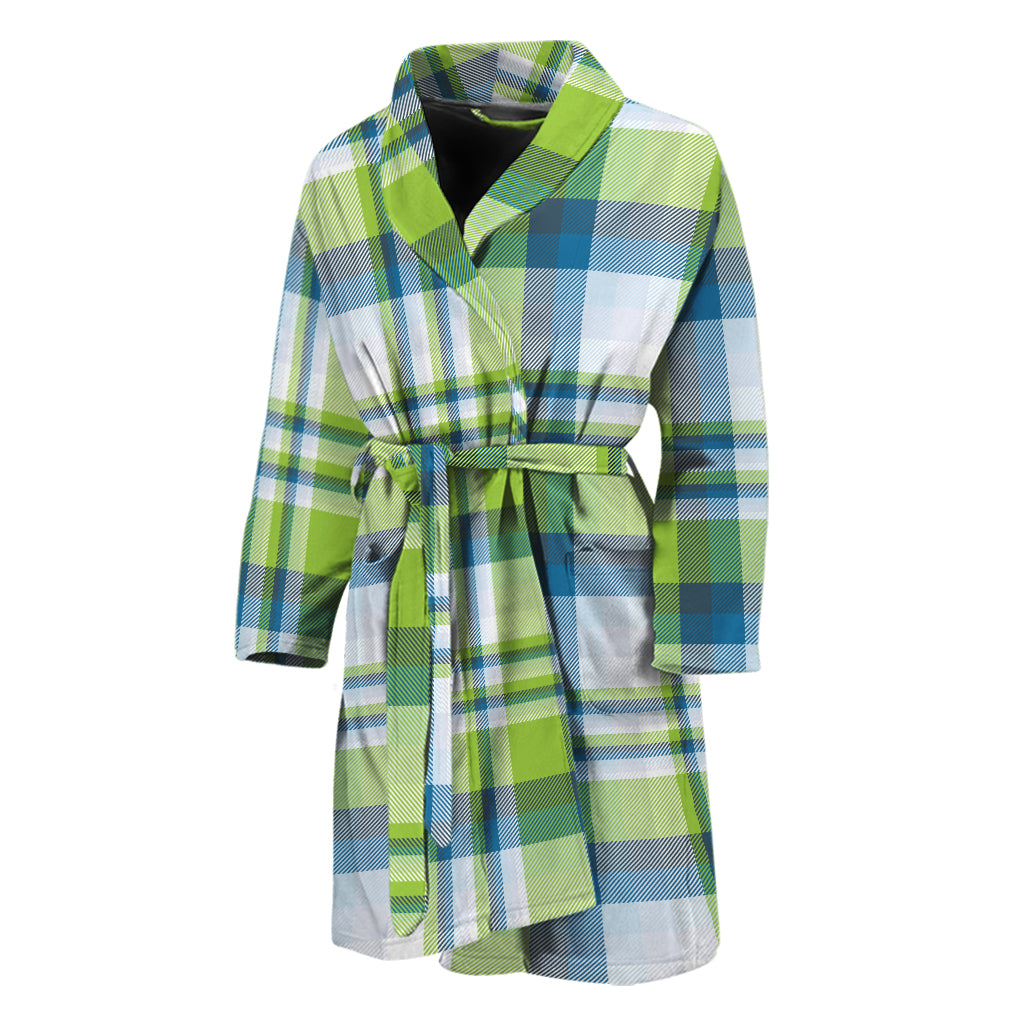 Lime And Blue Madras Plaid Print Men's Bathrobe