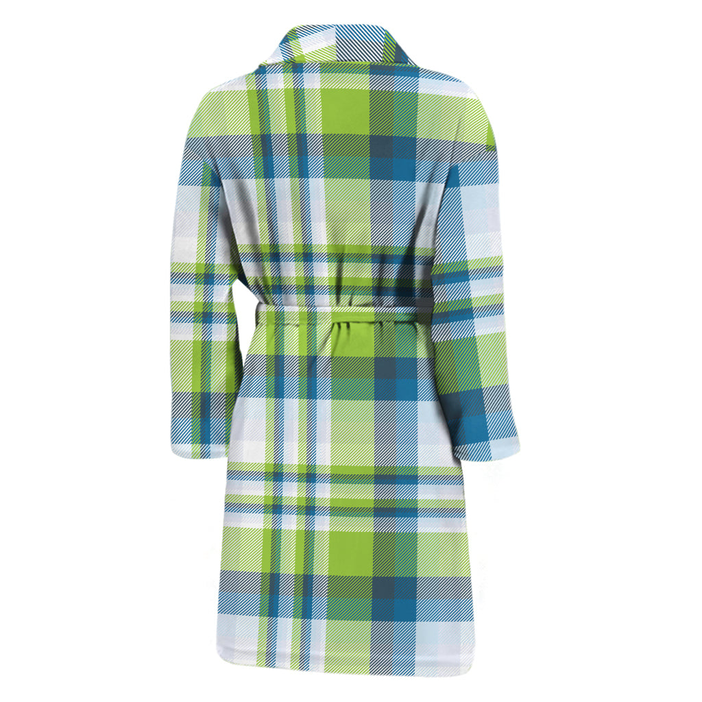 Lime And Blue Madras Plaid Print Men's Bathrobe