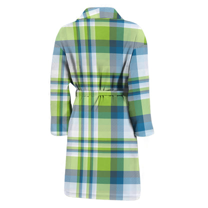 Lime And Blue Madras Plaid Print Men's Bathrobe