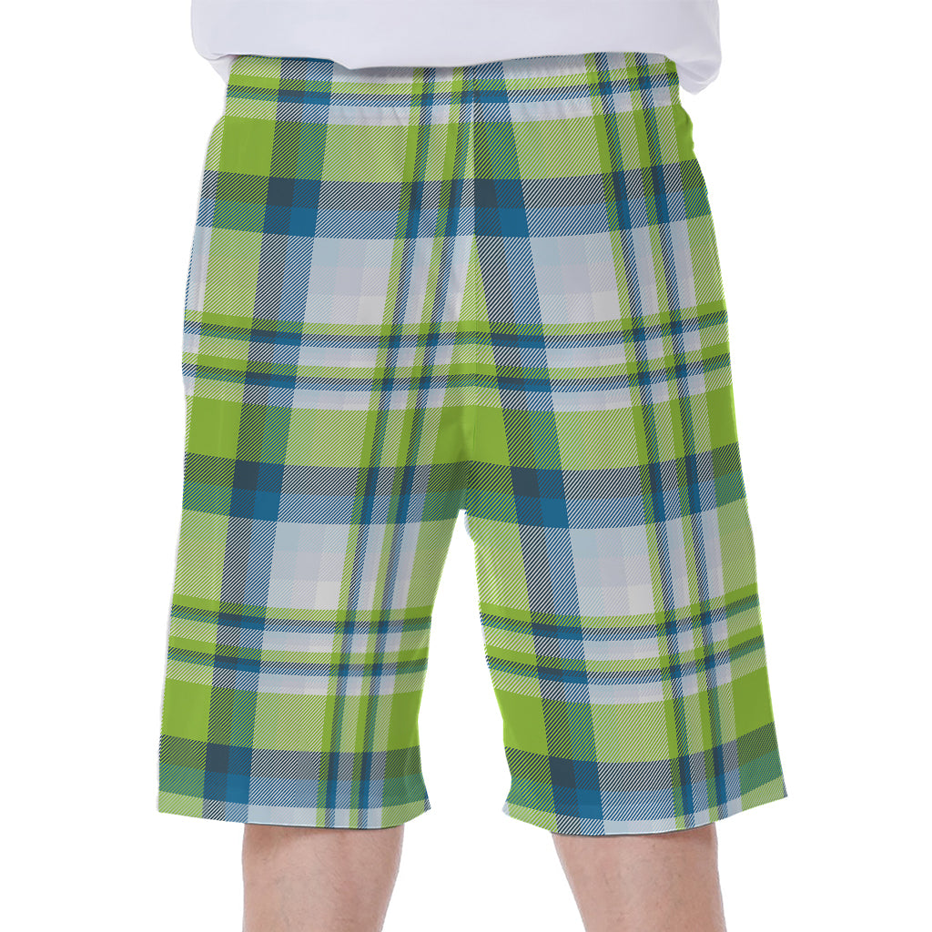 Lime And Blue Madras Plaid Print Men's Beach Shorts