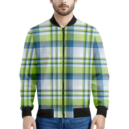 Lime And Blue Madras Plaid Print Men's Bomber Jacket