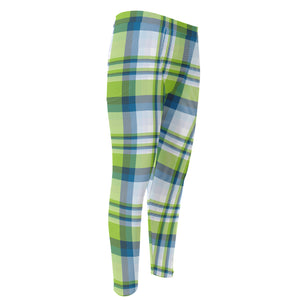 Lime And Blue Madras Plaid Print Men's Compression Pants