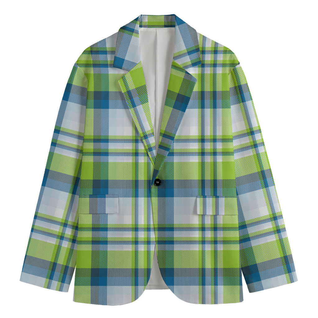 Lime And Blue Madras Plaid Print Men's Cotton Blazer