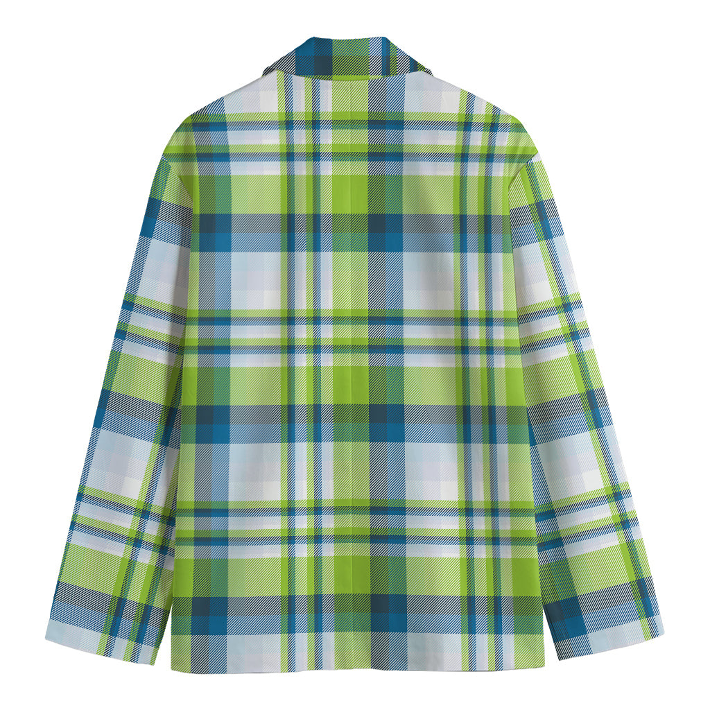 Lime And Blue Madras Plaid Print Men's Cotton Blazer