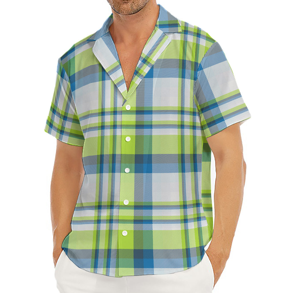 Lime And Blue Madras Plaid Print Men's Deep V-Neck Shirt