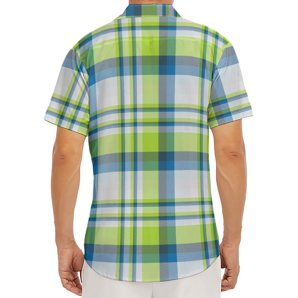 Lime And Blue Madras Plaid Print Men's Deep V-Neck Shirt