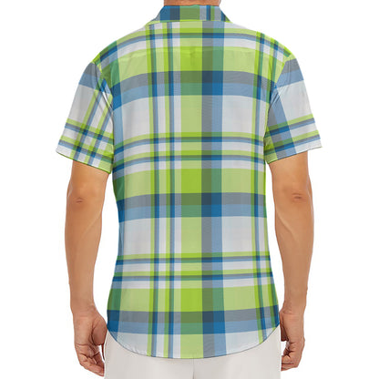 Lime And Blue Madras Plaid Print Men's Deep V-Neck Shirt