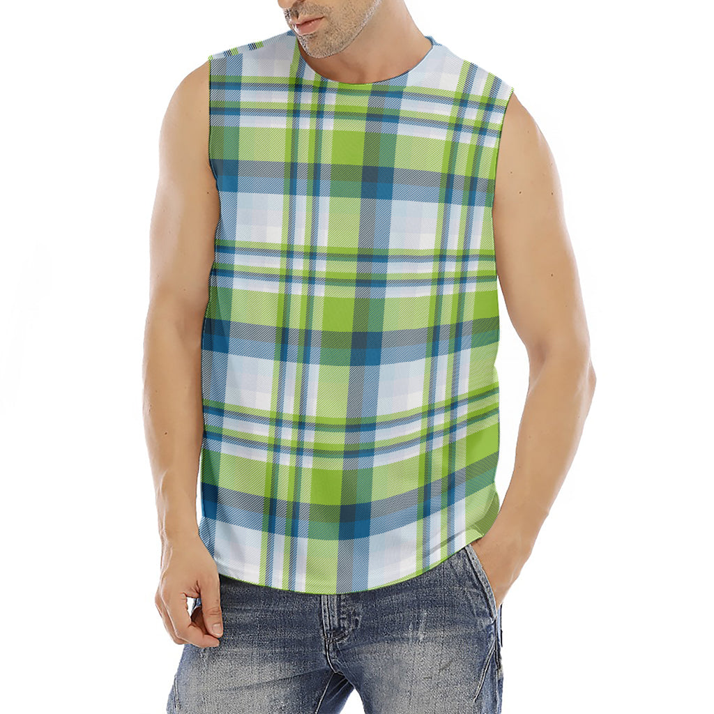 Lime And Blue Madras Plaid Print Men's Fitness Tank Top