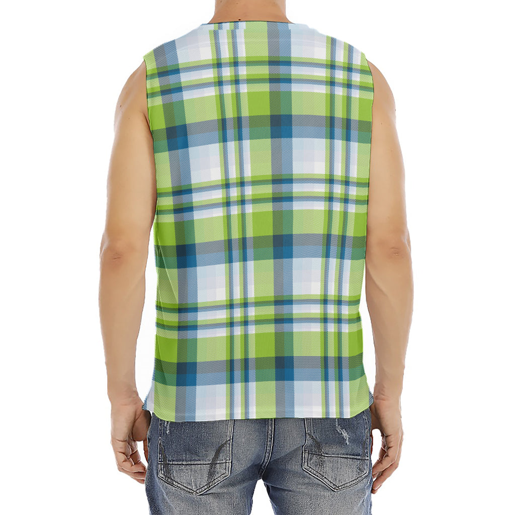 Lime And Blue Madras Plaid Print Men's Fitness Tank Top