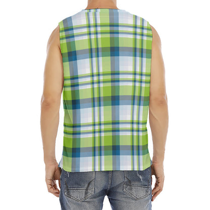 Lime And Blue Madras Plaid Print Men's Fitness Tank Top
