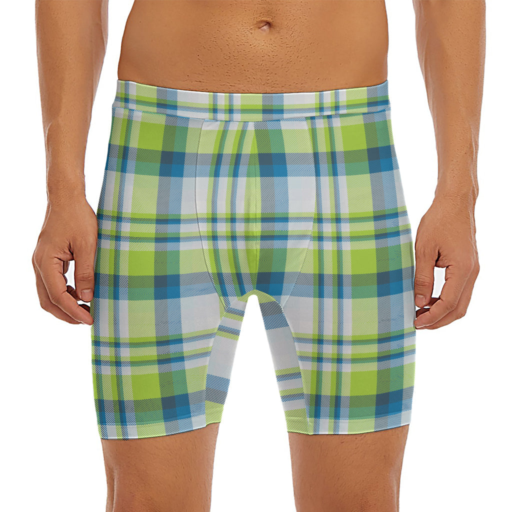 Lime And Blue Madras Plaid Print Men's Long Boxer Briefs