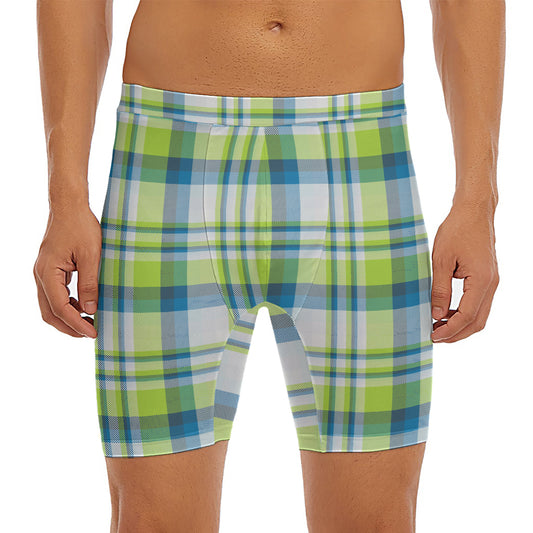 Lime And Blue Madras Plaid Print Men's Long Boxer Briefs