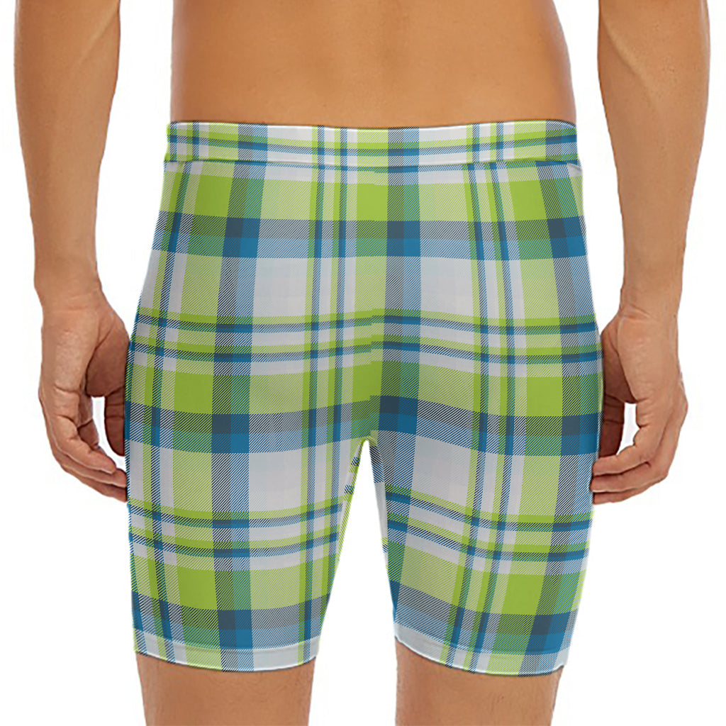 Lime And Blue Madras Plaid Print Men's Long Boxer Briefs