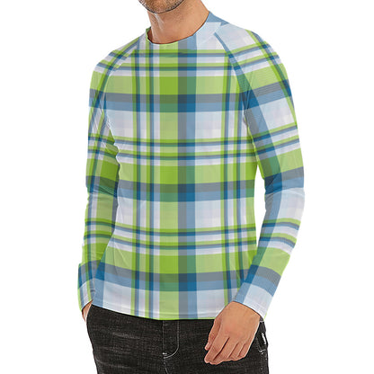 Lime And Blue Madras Plaid Print Men's Long Sleeve Rash Guard