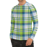 Lime And Blue Madras Plaid Print Men's Long Sleeve Rash Guard