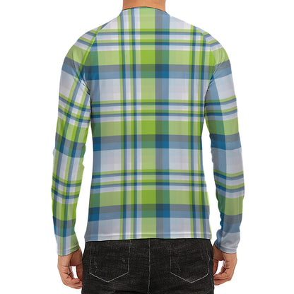 Lime And Blue Madras Plaid Print Men's Long Sleeve Rash Guard