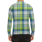 Lime And Blue Madras Plaid Print Men's Long Sleeve Rash Guard