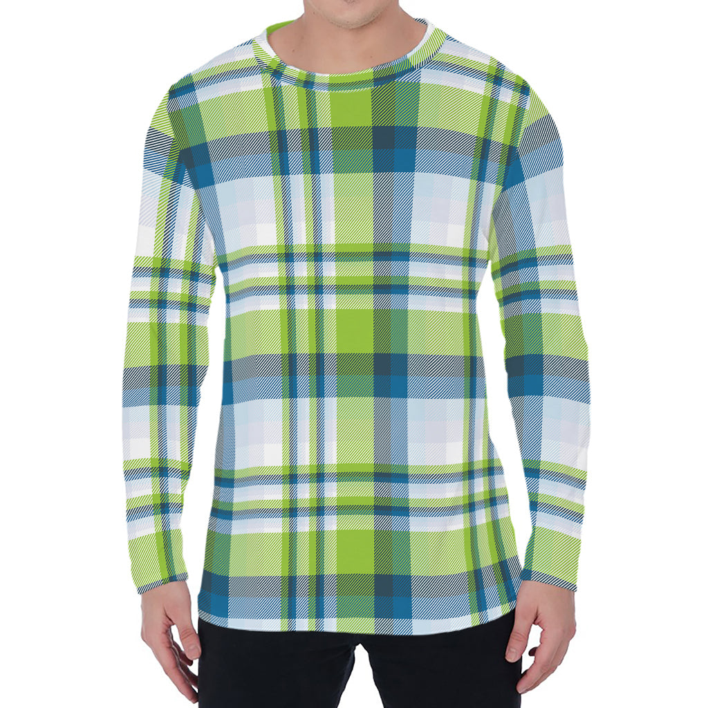Lime And Blue Madras Plaid Print Men's Long Sleeve T-Shirt