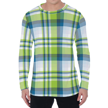 Lime And Blue Madras Plaid Print Men's Long Sleeve T-Shirt