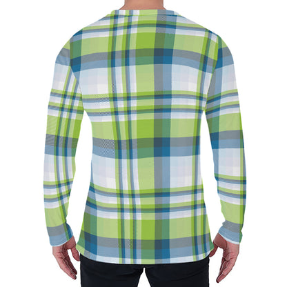 Lime And Blue Madras Plaid Print Men's Long Sleeve T-Shirt