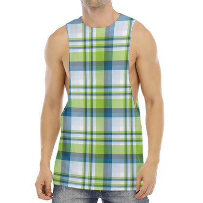 Lime And Blue Madras Plaid Print Men's Muscle Tank Top
