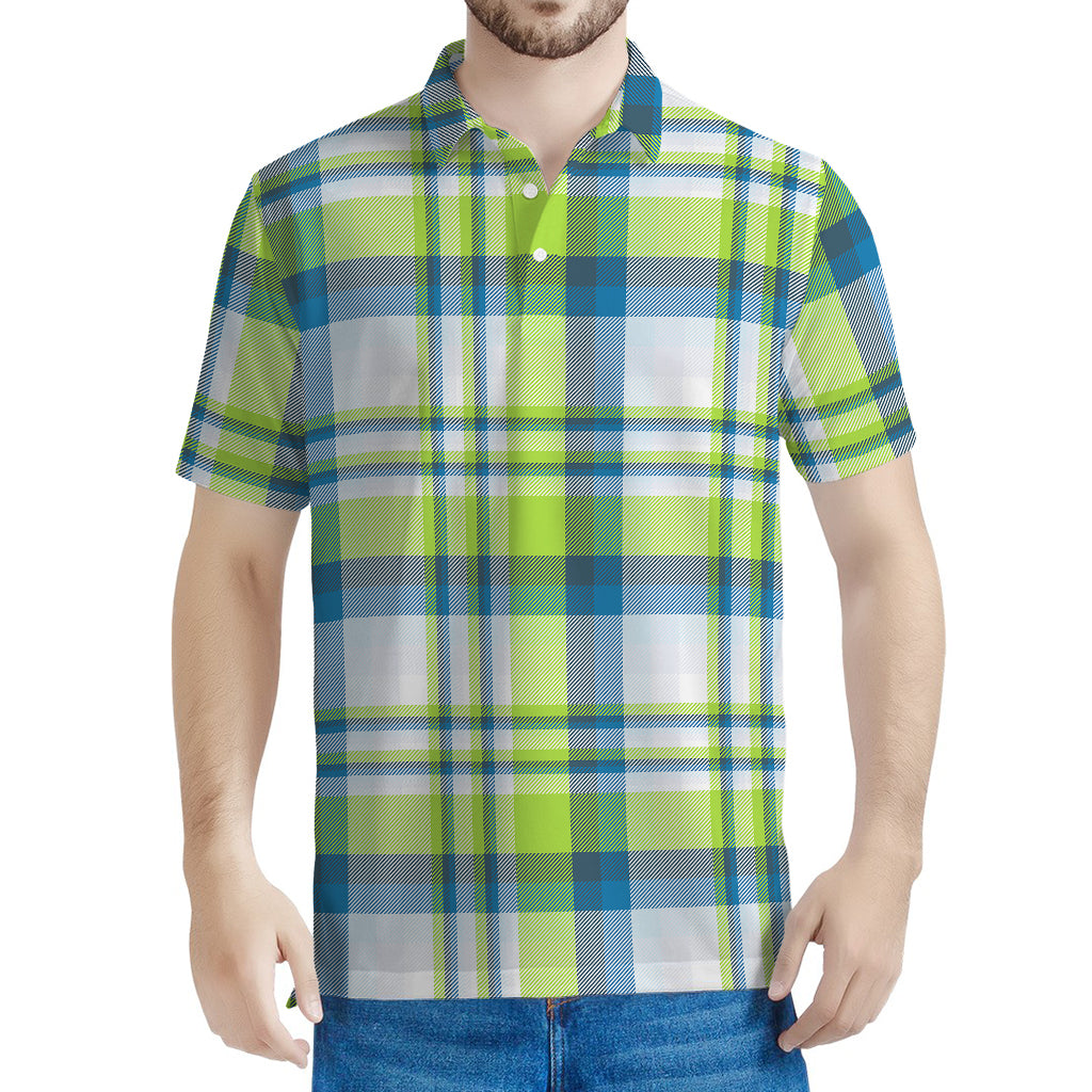 Lime And Blue Madras Plaid Print Men's Polo Shirt