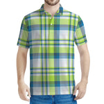 Lime And Blue Madras Plaid Print Men's Polo Shirt