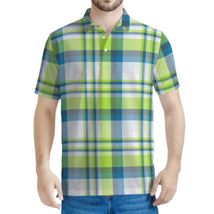 Lime And Blue Madras Plaid Print Men's Polo Shirt