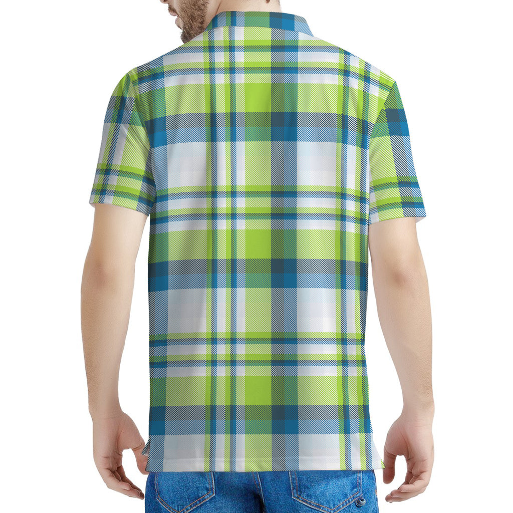Lime And Blue Madras Plaid Print Men's Polo Shirt