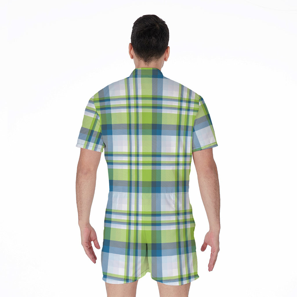 Lime And Blue Madras Plaid Print Men's Rompers