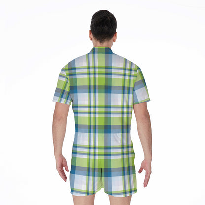 Lime And Blue Madras Plaid Print Men's Rompers