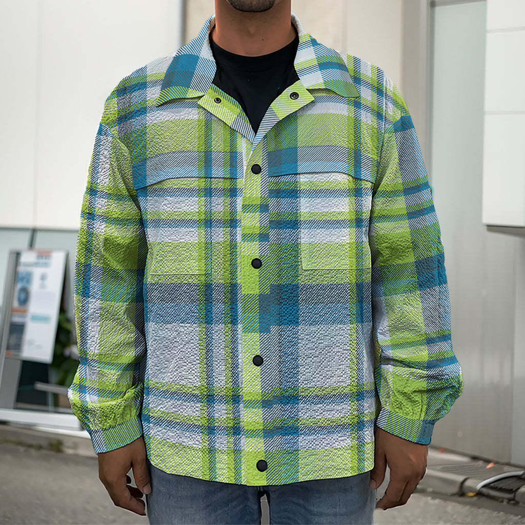 Lime And Blue Madras Plaid Print Men's Shirt Jacket